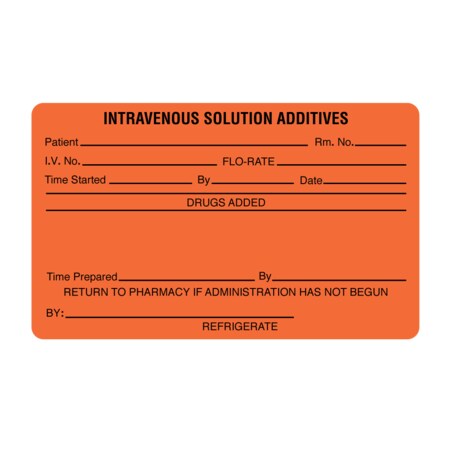 Nevs Label, Intravenous Solution Additives 2-7/16" x 4" Orange w/Black PMA-42